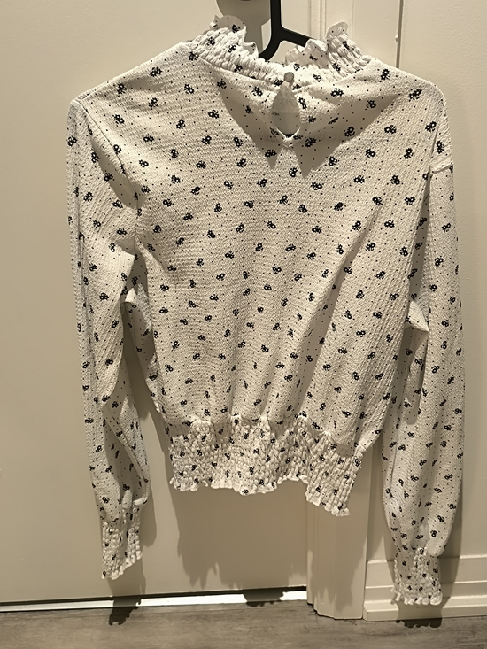 Suzy Shier Tops - Suzy Shier White Long-Sleeve Smocked Top with Black Floral Dots